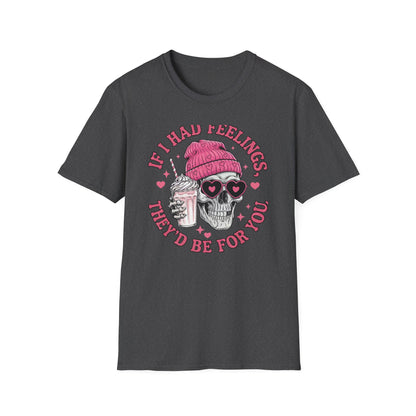 Sassy Skull Feelings T-Shirt - Trendy Pink Beanie & Heart Glasses Milkshake Tee | Funny Anti-Valentine's Edgy Humor Gift