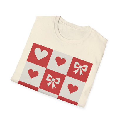 Charming Hearts & Bows Checkerboard T-Shirt | Sweet Love Pattern Tee | Perfect Valentine's Day Gift for Her