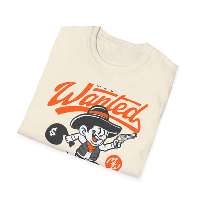 Most Wanted Urban Outlaw T-Shirt | Edgy Rebel Streetwear Tee with Cowboy, Gun & Money Bag Design. Unstoppable Style!