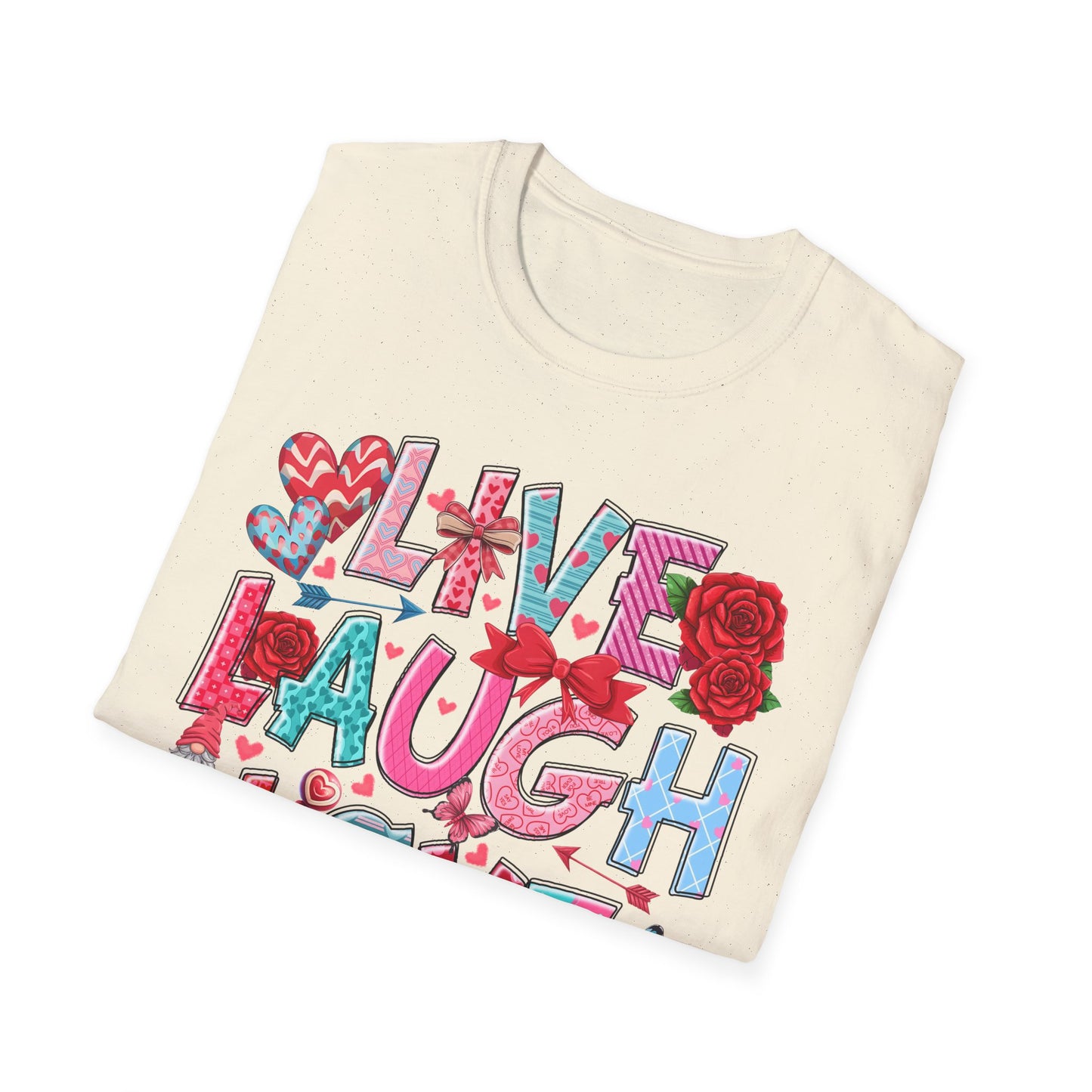 Ultimate Live Laugh Love T-Shirt | Charming Valentine's Gnome & Rose Heart Tee | Expressive Gift for Her