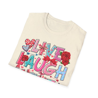 Ultimate Live Laugh Love T-Shirt | Charming Valentine's Gnome & Rose Heart Tee | Expressive Gift for Her