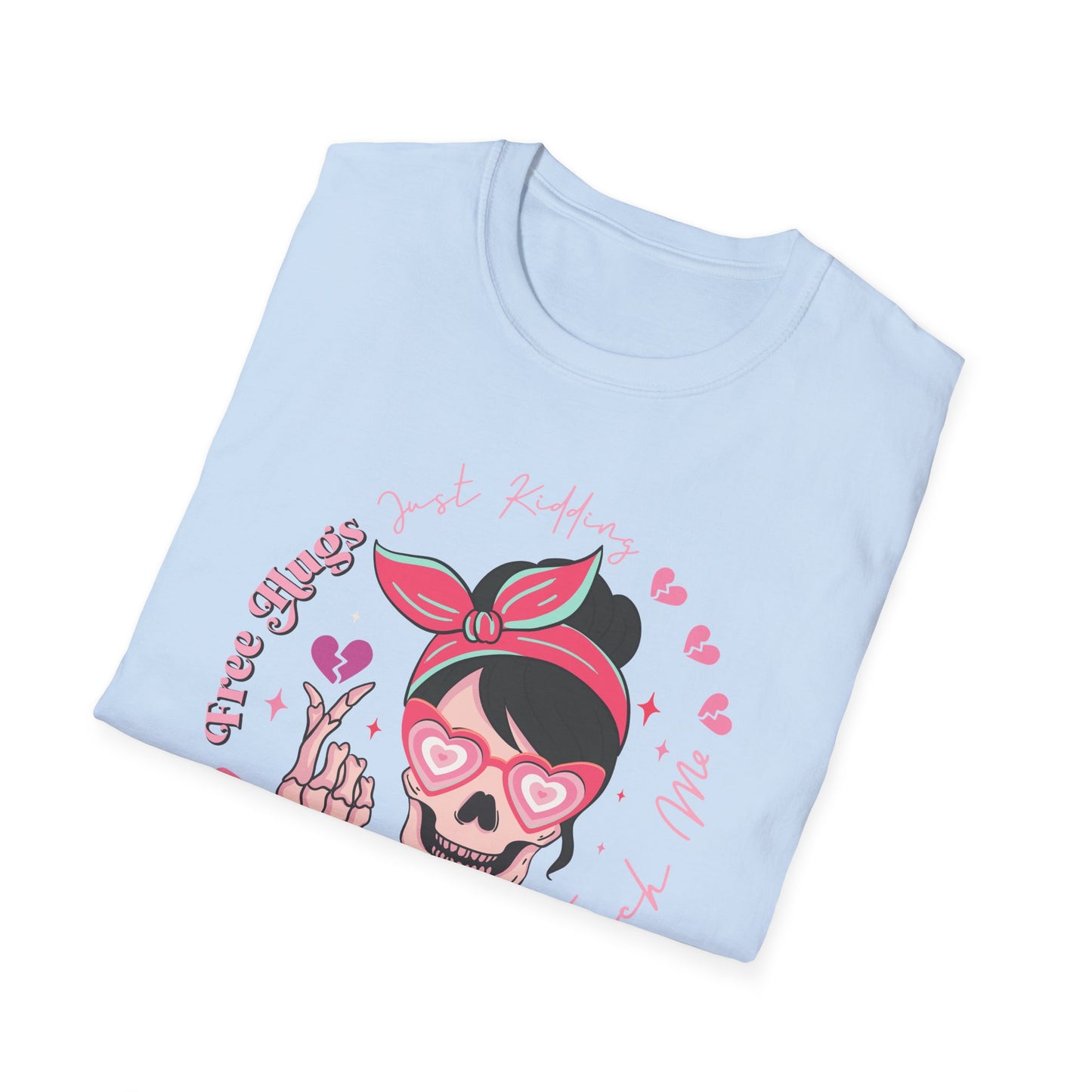 Sassy Skull 'Free Hugs Just Kidding' T-Shirt | Edgy Pink Heart Sunglasses & Broken Hearts Tee | Funny Personal Space Gift for Her