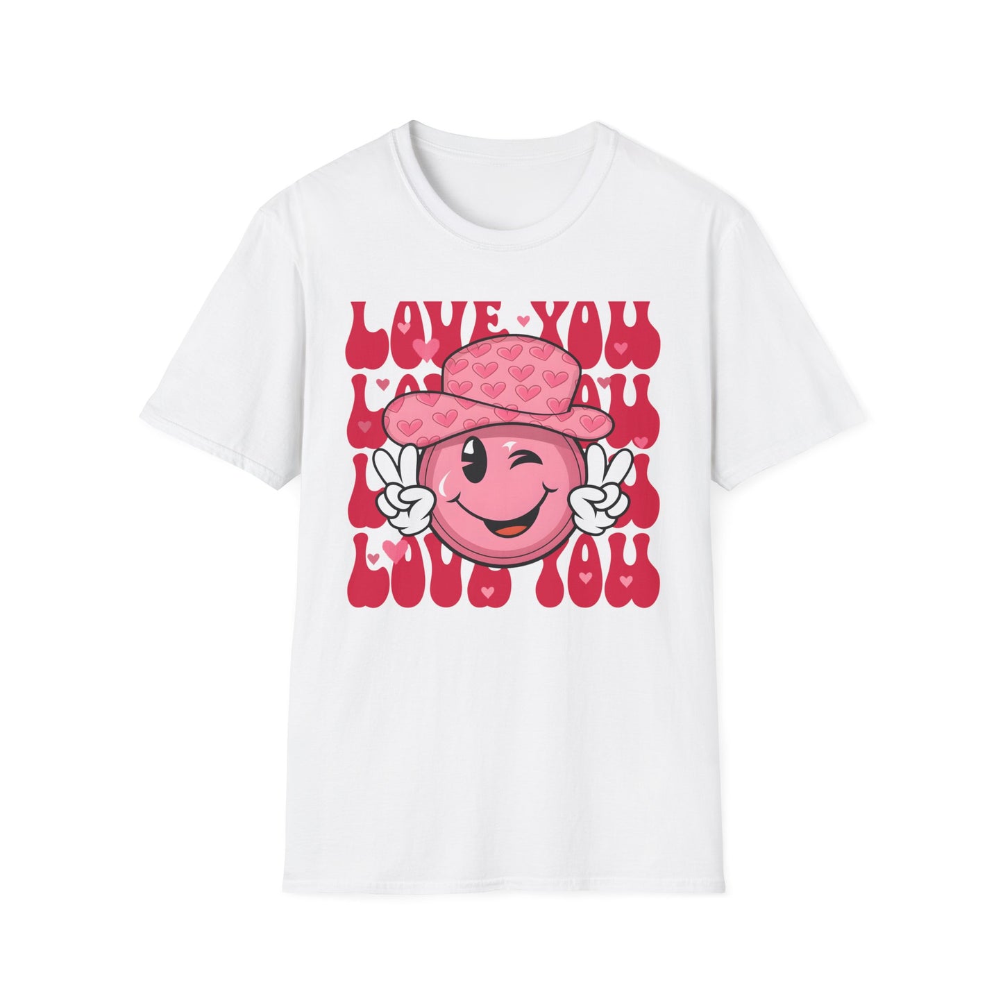 Super Cute Groovy Smiley Face T-Shirt - Pink Hearts Cowboy Hat & Peace Sign - Awesome 'Love You' Tee for Valentine's Day
