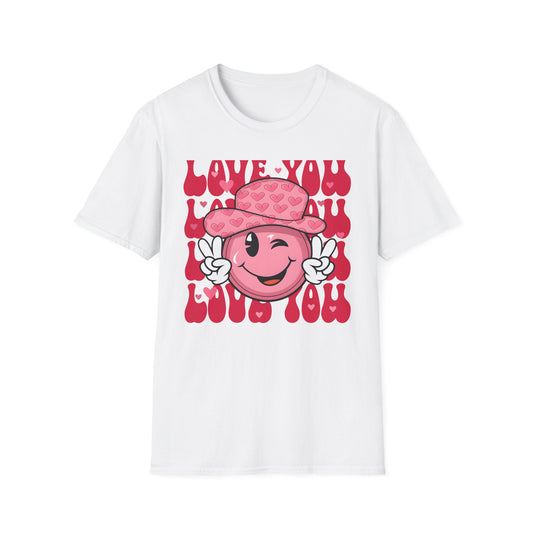 Super Cute Groovy Smiley Face T-Shirt - Pink Hearts Cowboy Hat & Peace Sign - Awesome 'Love You' Tee for Valentine's Day