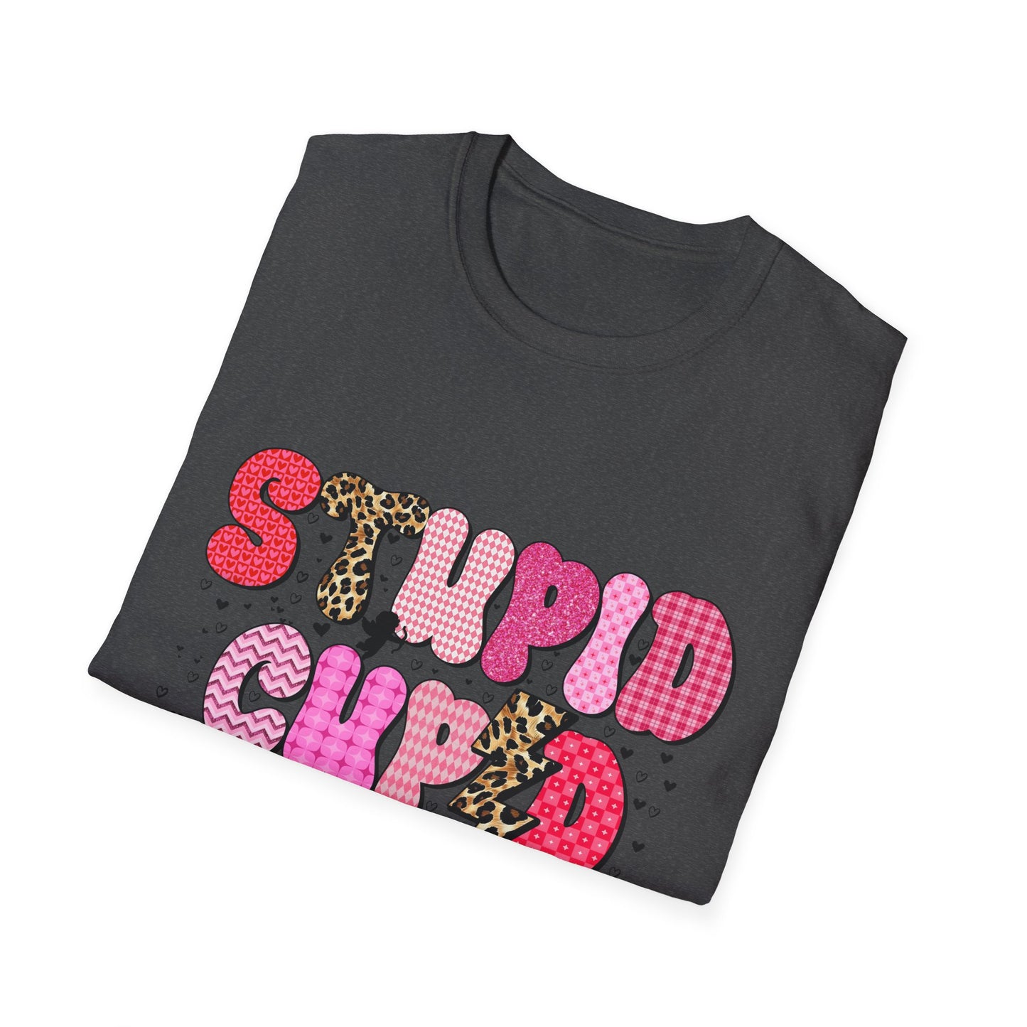 Edgy "Stupid Cupid" T-Shirt - Sarcastic Anti-Valentine's Day Tee with Retro Leopard & Glitter Patterns