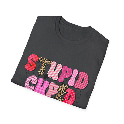Edgy "Stupid Cupid" T-Shirt - Sarcastic Anti-Valentine's Day Tee with Retro Leopard & Glitter Patterns