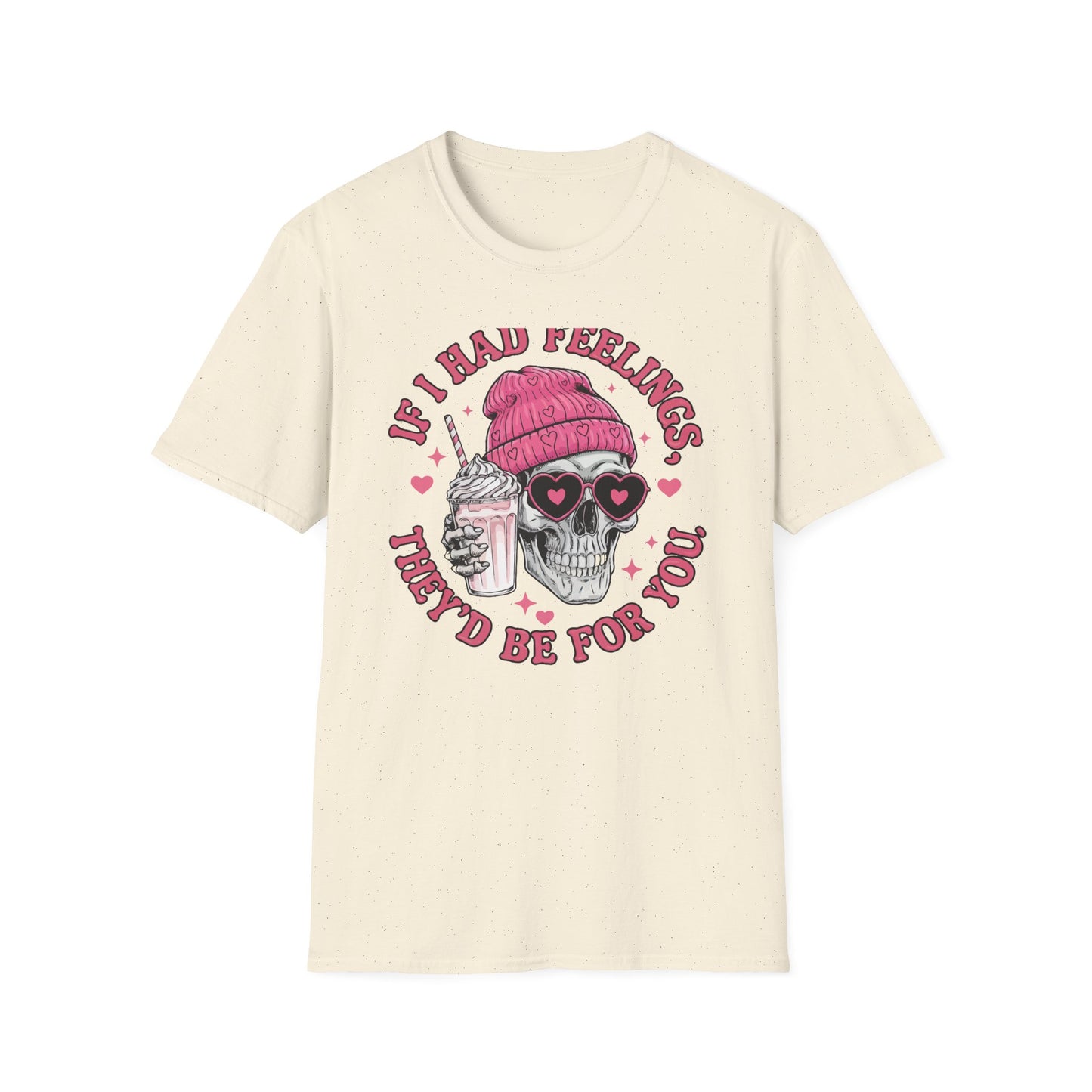 Sassy Skull Feelings T-Shirt - Trendy Pink Beanie & Heart Glasses Milkshake Tee | Funny Anti-Valentine's Edgy Humor Gift