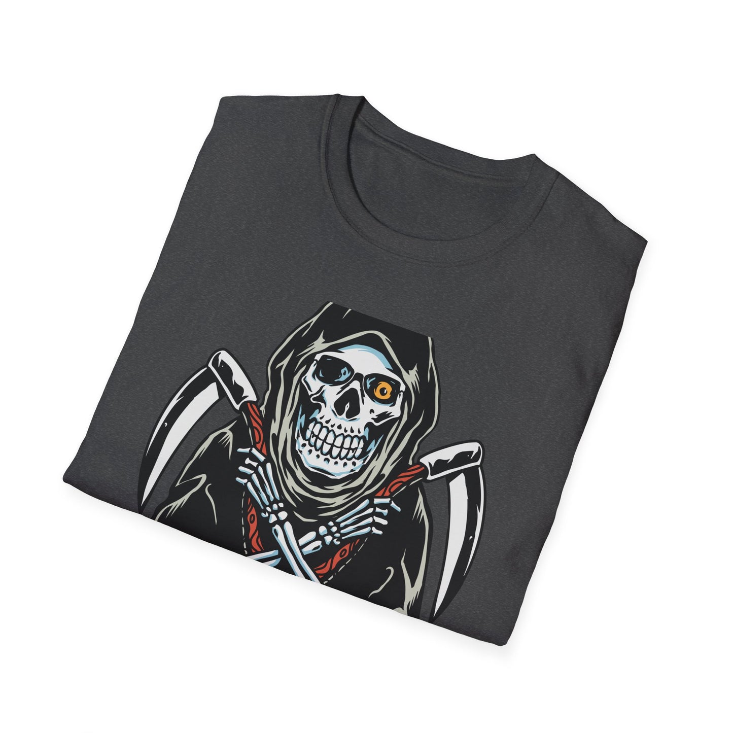 Epic Grim Reaper T-Shirt: Skull & Scythes Design. Bold Gothic Halloween Tee for Men & Women. Unleash Your Inner Darkness!