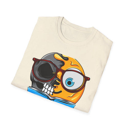 Clever Duality T-Shirt: Smart Skull & Emoji Bookworm Reader Tee for Unique Minds. Striking Graphic Top Gift.