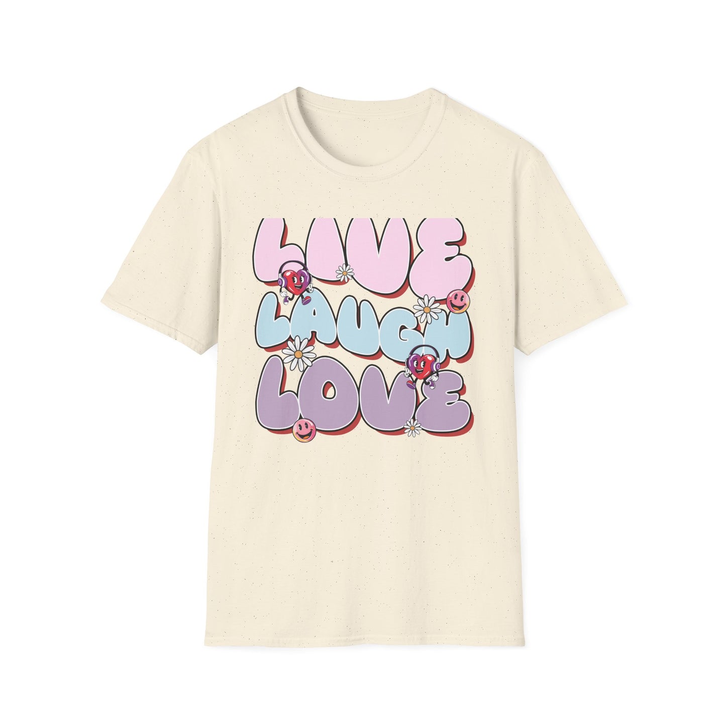 Vibrant Retro Live Laugh Love T-Shirt | Groovy Hearts & Smiley Faces Tee for Positive Vibes