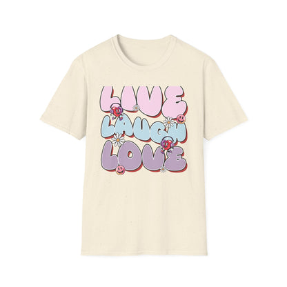 Vibrant Retro Live Laugh Love T-Shirt | Groovy Hearts & Smiley Faces Tee for Positive Vibes