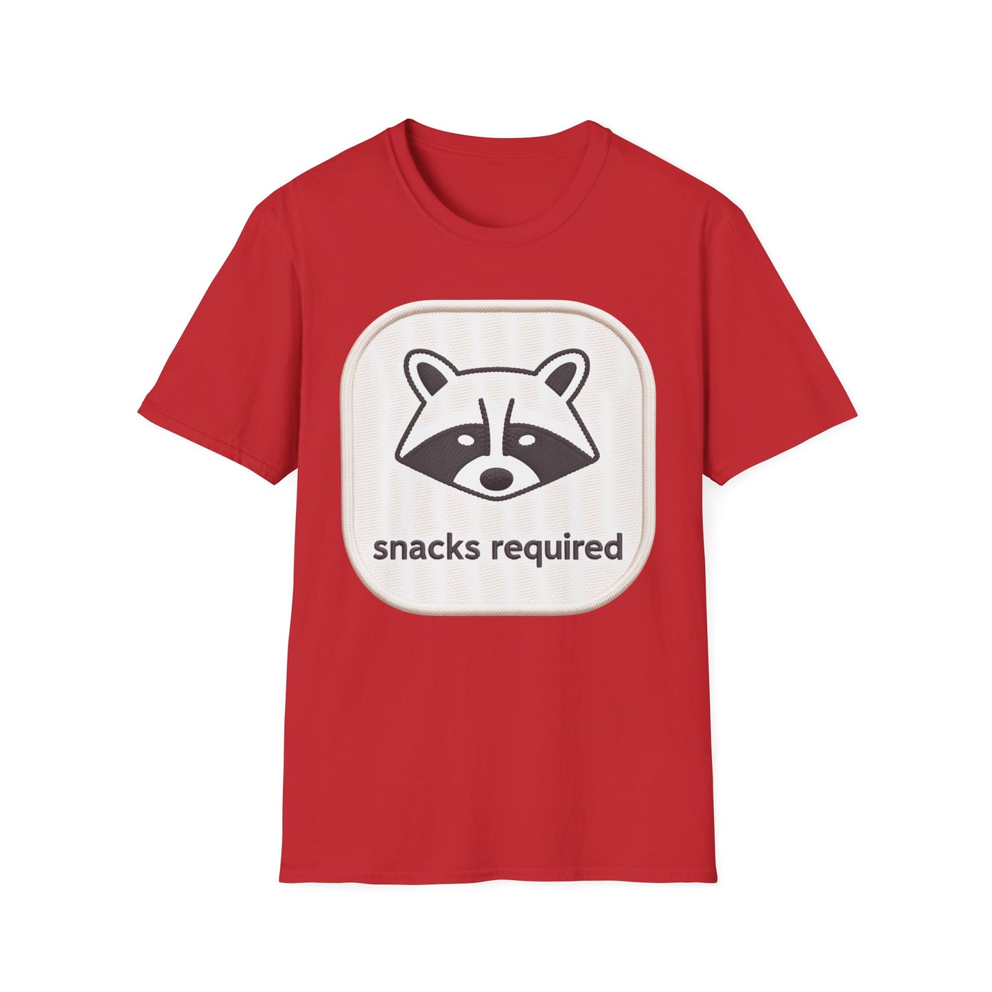 Hilarious "Snacks Required" Raccoon T-Shirt | Cute Embroidered Look Animal Lover Tee for Foodies & Casual Wear
