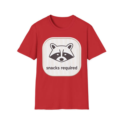 Hilarious "Snacks Required" Raccoon T-Shirt | Cute Embroidered Look Animal Lover Tee for Foodies & Casual Wear