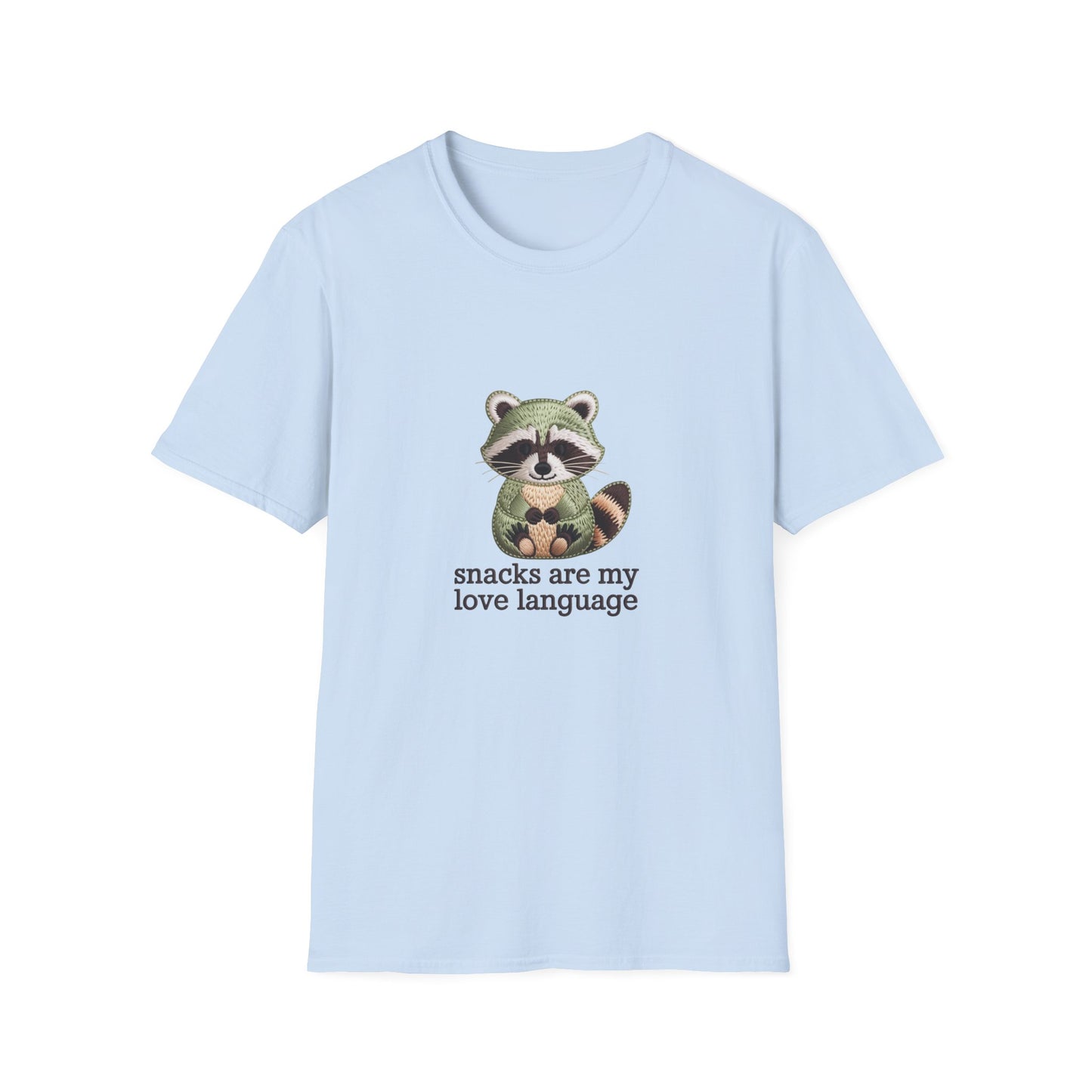 Adorable Embroidered Raccoon T-Shirt - "Snacks Are My Love Language" Foodie Tee | Unique Gift for Snack Lovers!