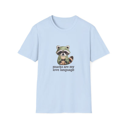 Adorable Embroidered Raccoon T-Shirt - "Snacks Are My Love Language" Foodie Tee | Unique Gift for Snack Lovers!