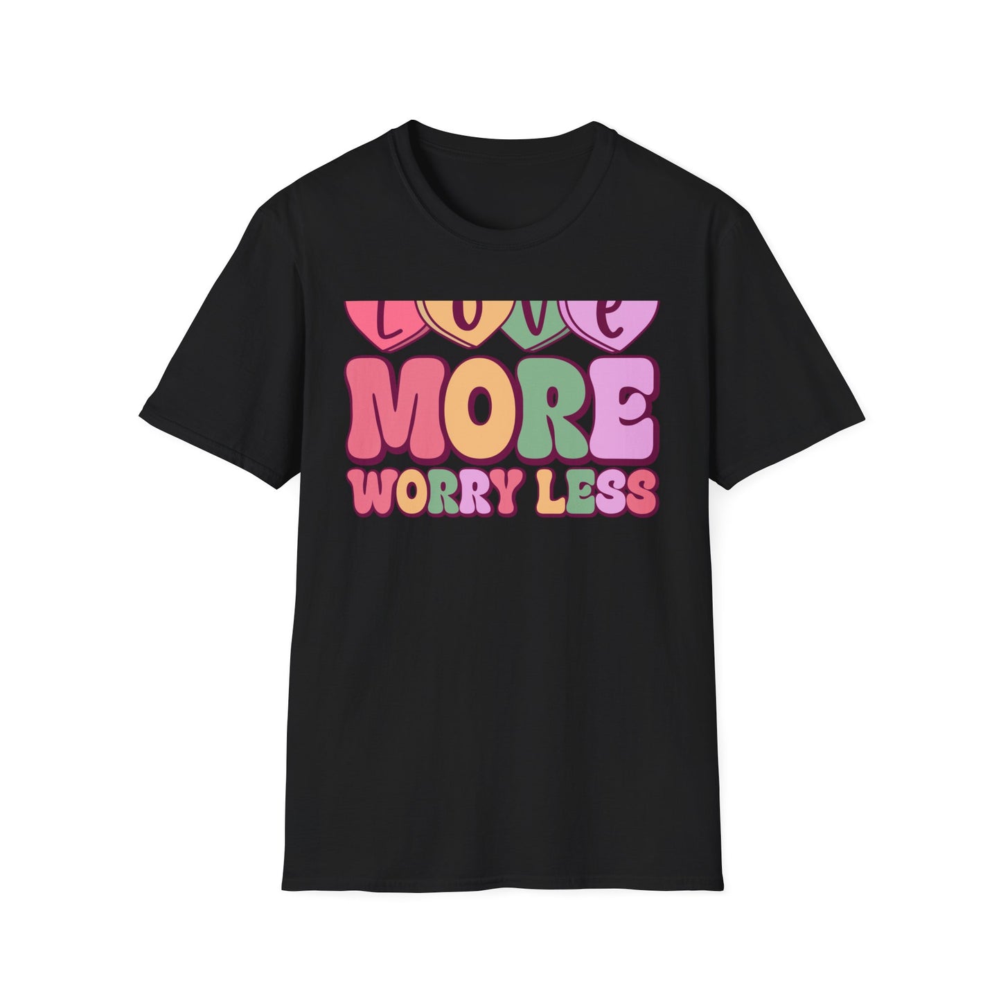 Retro Love More Worry Less T-Shirt - Groovy Candy Hearts & Positive Message Tee for Women & Teens | Inspiring Vibes