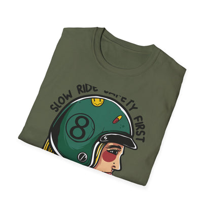 Vibrant Biker Girl Helmet T-Shirt | "Slow Ride Safety First" Retro Motorcycle Rider Tee for Women