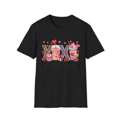 Chic Valentine's Day T-Shirt | Sweet Treats & Love Hearts Graphic Tee | Leopard Gingham Cupcake Macaron Frappuccino