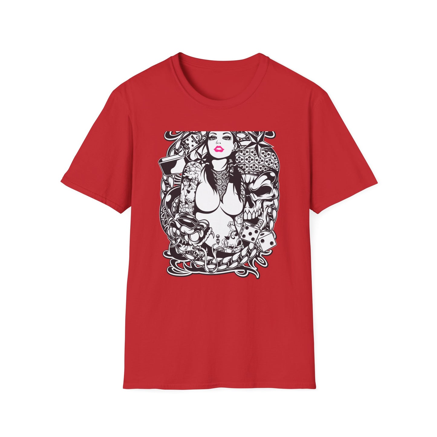 Bold Tattoo Girl & Skull Graphic T-Shirt | Edgy Urban Streetwear | Dice & Star Statement Tee - Unleash Your Rebel Style!