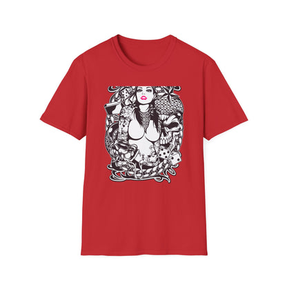 Bold Tattoo Girl & Skull Graphic T-Shirt | Edgy Urban Streetwear | Dice & Star Statement Tee - Unleash Your Rebel Style!