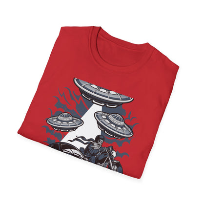 Epic Alien Invasion Biker VW Beetle T-Shirt | Unique Sci-Fi Chopper Car Lover Gift Tee