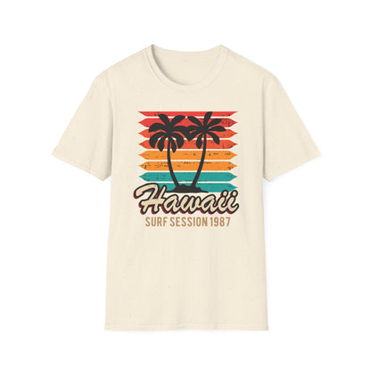 Awesome Vintage Hawaii Surf Session 1987 T-Shirt | Retro Palm Tree Beach Sunset Tee for 80s Style