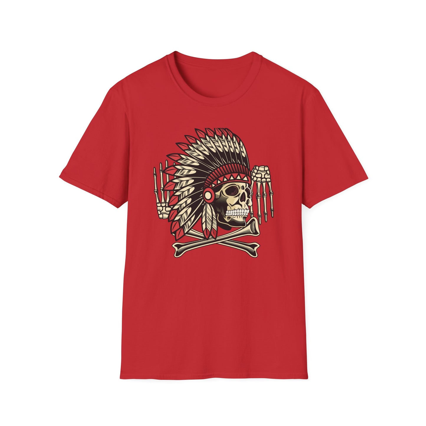 Striking Native Chief Skull Headdress T-Shirt - Unique Gothic Biker Tattoo Art Apparel for Rebel Souls