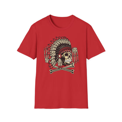 Striking Native Chief Skull Headdress T-Shirt - Unique Gothic Biker Tattoo Art Apparel for Rebel Souls