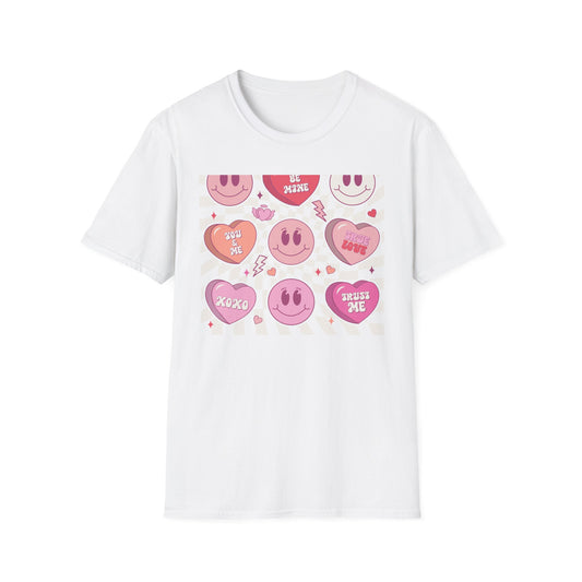 Groovy Retro Valentine's T-Shirt | Adorable Conversation Heart & Smiley Face Design | Trendy Love Core Aesthetic Tee