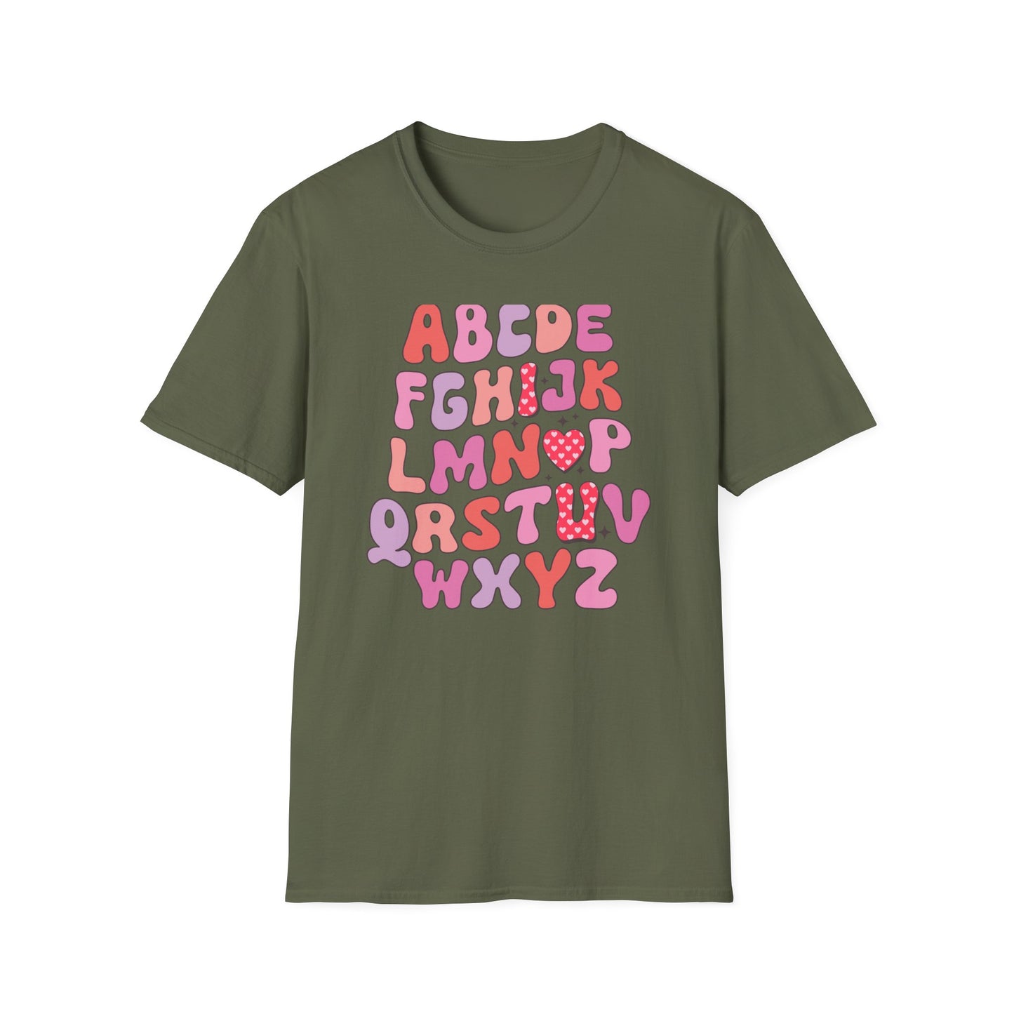 Vibrant Groovy Alphabet T-Shirt | Cute Heart Letter Retro Aesthetic Tee | Fun Teacher & Valentine's Day Gift