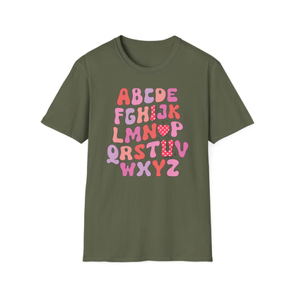 Vibrant Groovy Alphabet T-Shirt | Cute Heart Letter Retro Aesthetic Tee | Fun Teacher & Valentine's Day Gift