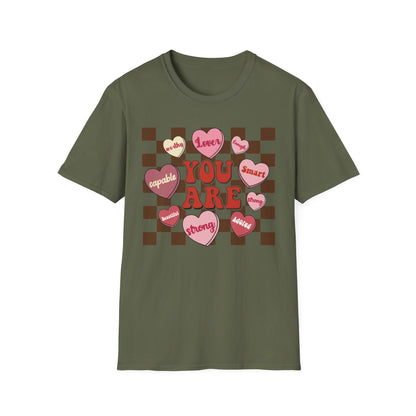 Empowering 'You Are' Positive Affirmation T-Shirt - Retro Candy Heart Self-Love Tee for Women & Teens - Ultimate Confidence Booster Gift