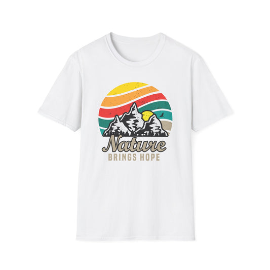 Inspiring Vintage Nature Mountains T-Shirt | Retro Outdoors Adventure Tee with 'Nature Brings Hope' Design | Essential Hiking & Camping Shirt
