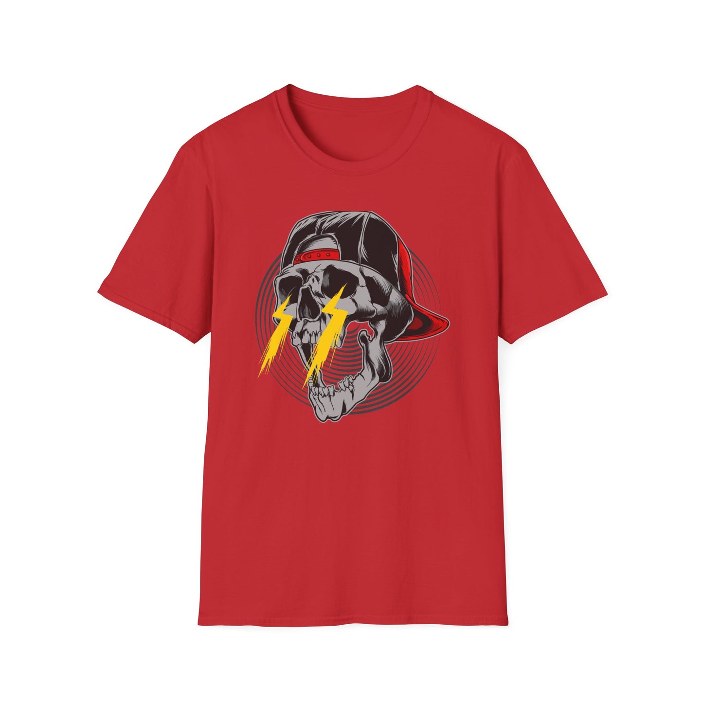Electrifying Skull Baseball Cap T-Shirt | Edgy Urban Streetwear Tee for Rebels | Bold Graphic Design
