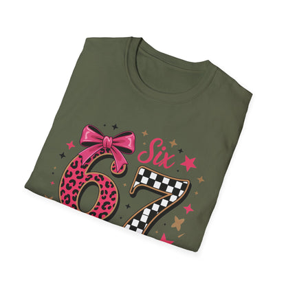 Glam Six & Seven Birthday T-Shirt for Girls | Trendy Pink Leopard Print 6 & 7 Kids Party Tee with Checkerboard & Sparkly Bow