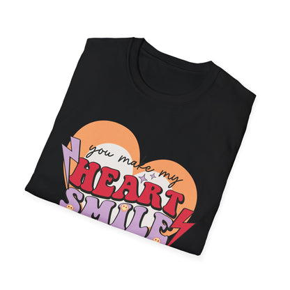Trendy Groovy 'You Make My Heart Smile' Retro T-Shirt | Charming Aesthetic Love & Happy Face Valentine's Gift Tee