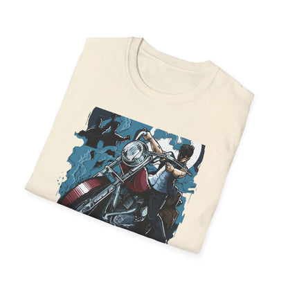 Epic Zombie Apocalypse Hunter T-Shirt - Fearless Biker Survival Horror Tee for Gamers & Fans - Thrilling Crossbow Rider Design