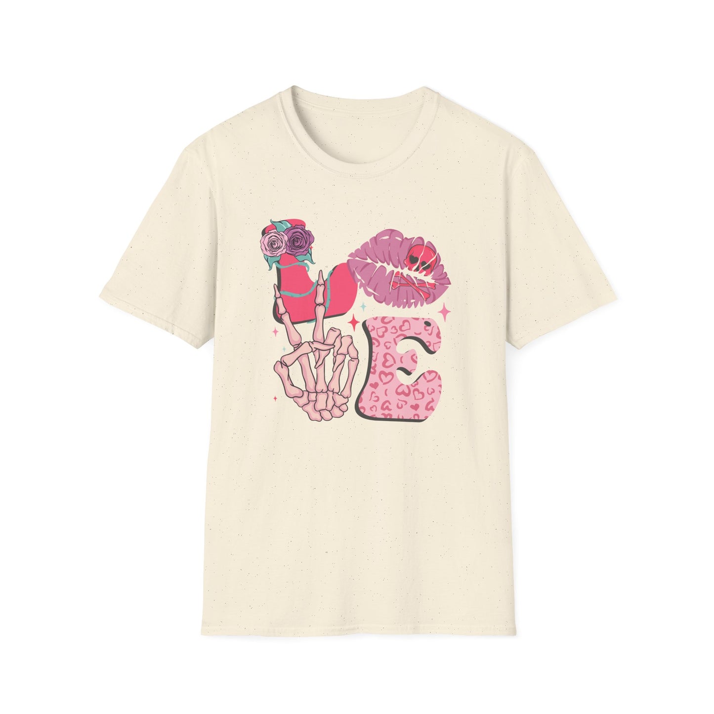 Edgy Pink Grunge T-Shirt: Skull Kiss, Peace Skeleton Hand, Roses & Heart Initial 'E' Design. Trendy Alt Fashion Tee.