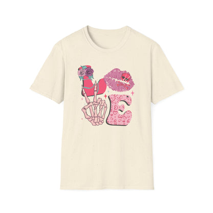 Edgy Pink Grunge T-Shirt: Skull Kiss, Peace Skeleton Hand, Roses & Heart Initial 'E' Design. Trendy Alt Fashion Tee.