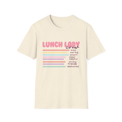 Awesome Lunch Lady Crew T-Shirt - Retro Pastel Stripes & Heartfelt Qualities - Unique School Cafeteria Staff Appreciation Tee