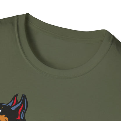 Fierce Doberman Hannya Mask T-Shirt: Epic Japanese Demon Dog Design. Bold Statement Tee for Edgy Dog Lovers & Culture Fans.