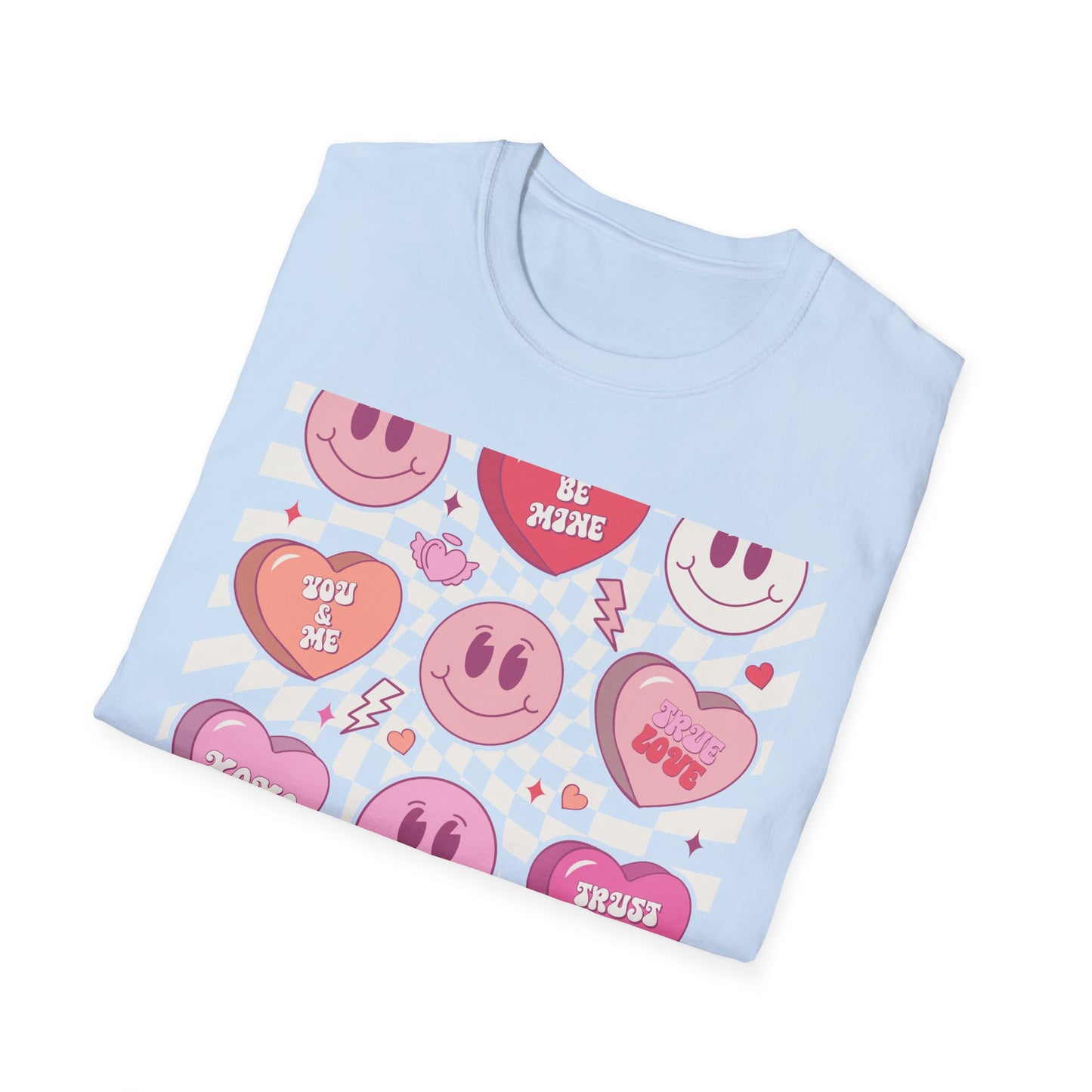 Groovy Retro Valentine's T-Shirt | Adorable Conversation Heart & Smiley Face Design | Trendy Love Core Aesthetic Tee