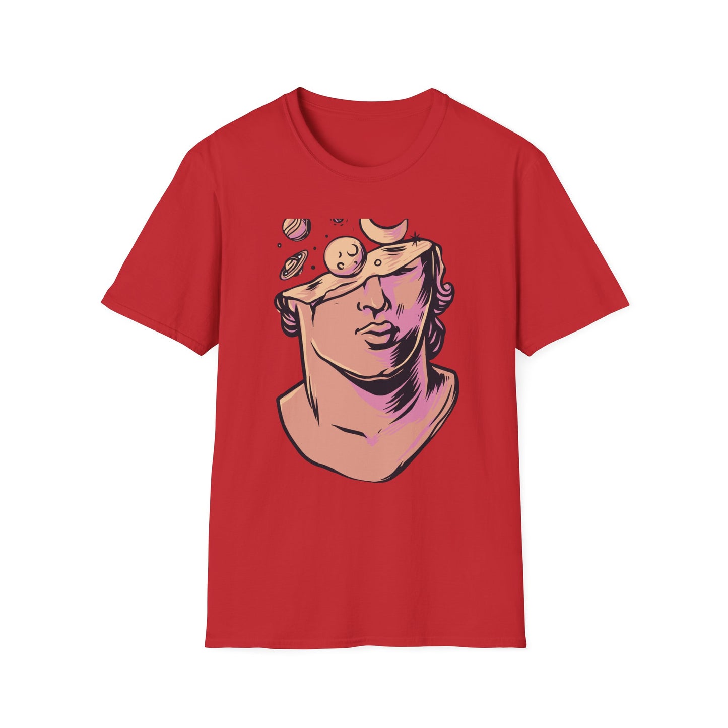 Explore Your Mind's Universe: Celestial Greek Bust T-Shirt | Artistic Cosmic Thoughts Graphic Tee | Unique Planet & Moon Design for Thinkers
