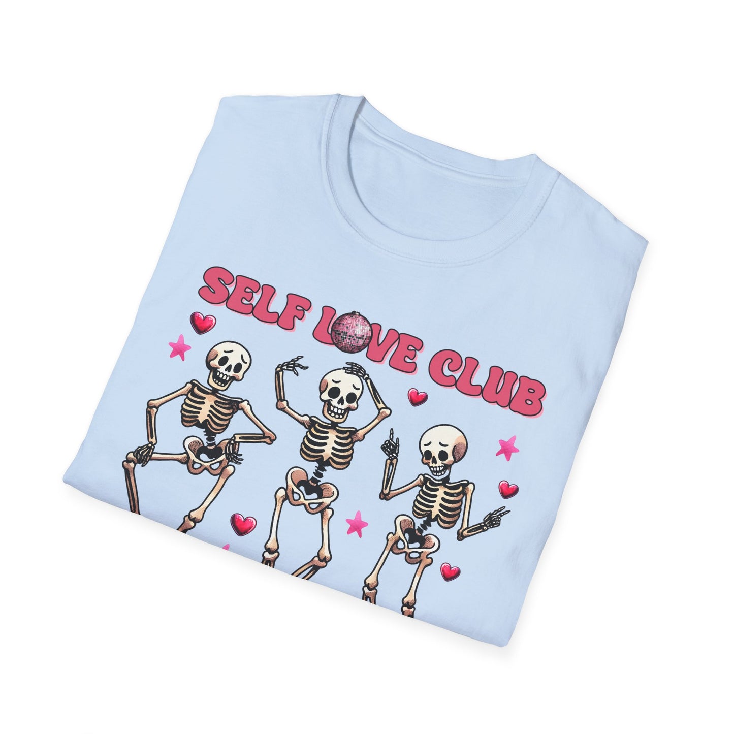 Groovy Self Love Club T-Shirt | Empowering Dancing Skeletons & Disco Ball Design | Trendy & Unique Top