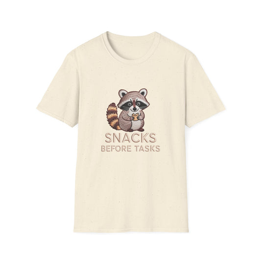 Adorable Raccoon 'Snacks Before Tasks' T-Shirt - Hilarious & Cozy Comfort Tee for Snack Lovers & Procrastinators! Must-Have Funny Animal Gift