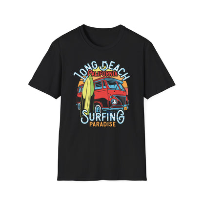 Vintage Long Beach California Surfing Paradise T-Shirt | Retro VW Bus & Surfboard Beach Lover Tee | Cool Summer Vacation Gift