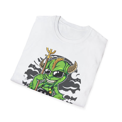 Wicked Mischievous Green Imp T-Shirt | Cool Cartoon Devil with Trident & Checkered Pants | Edgy Graphic Tee