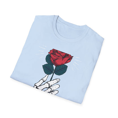Striking Skeleton Hand Holding Rose T-Shirt | Unique Gothic Love Tee | Captivating Alt Fashion Top for Edgy Style