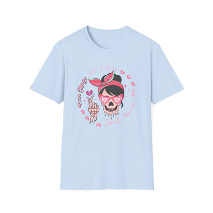 Sassy Skull 'Free Hugs Just Kidding' T-Shirt | Edgy Pink Heart Sunglasses & Broken Hearts Tee | Funny Personal Space Gift for Her