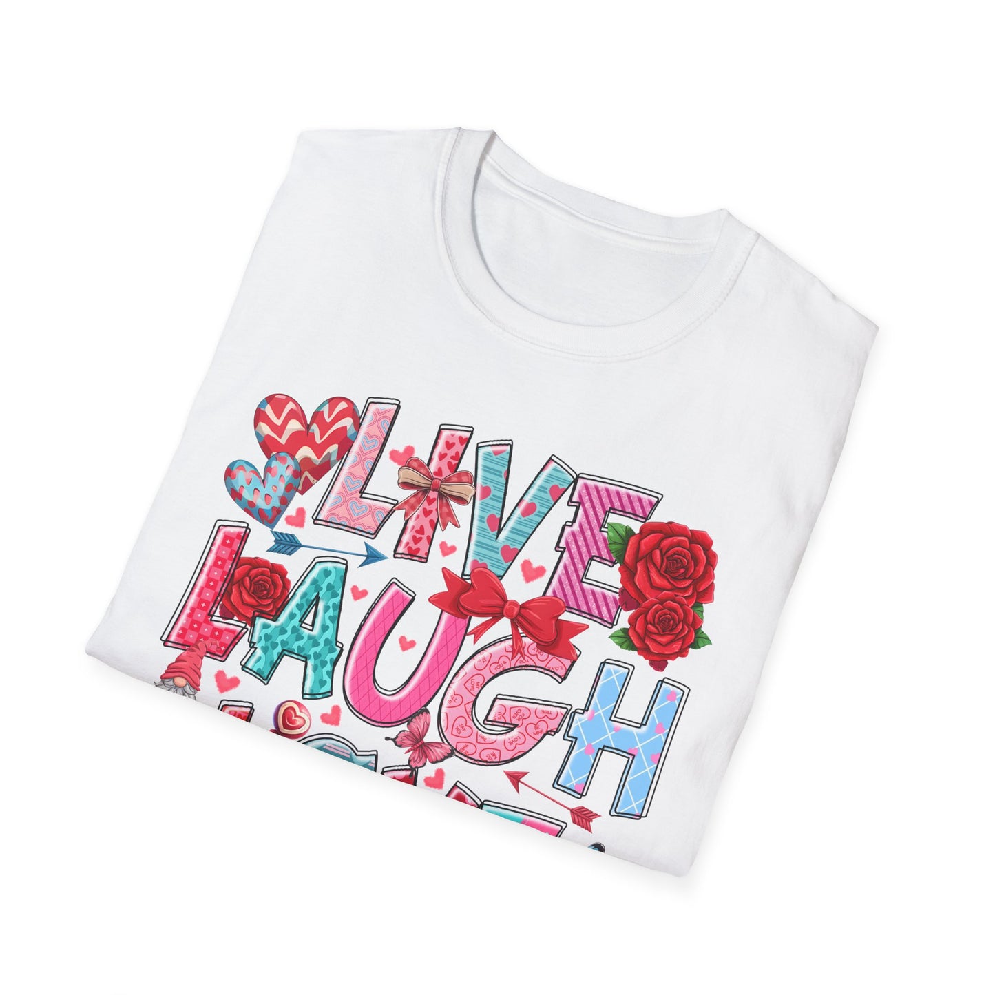 Ultimate Live Laugh Love T-Shirt | Charming Valentine's Gnome & Rose Heart Tee | Expressive Gift for Her